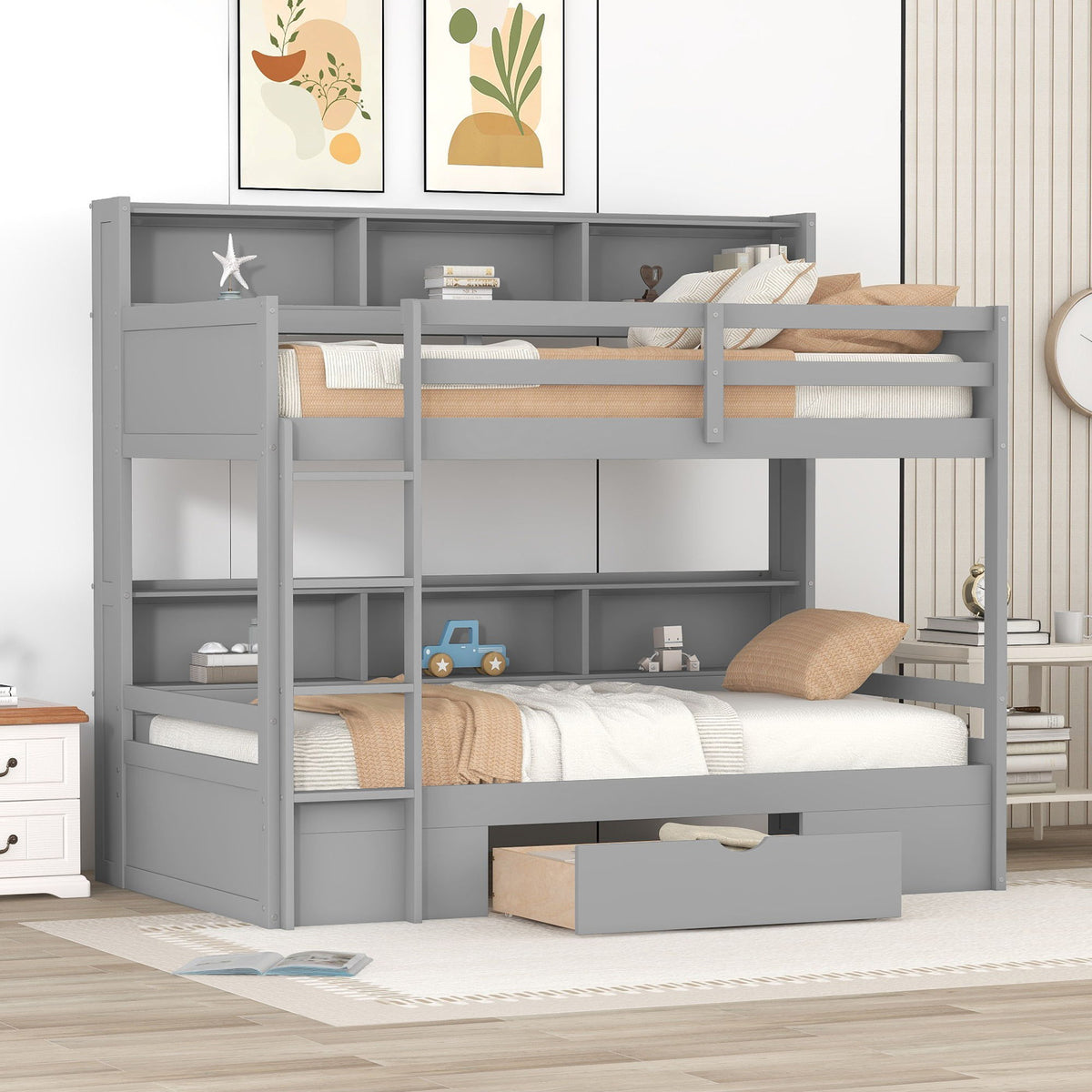 Twin Size Bunk Bed with Built-In Shelves and Storage Drawer - Dark Gray or White