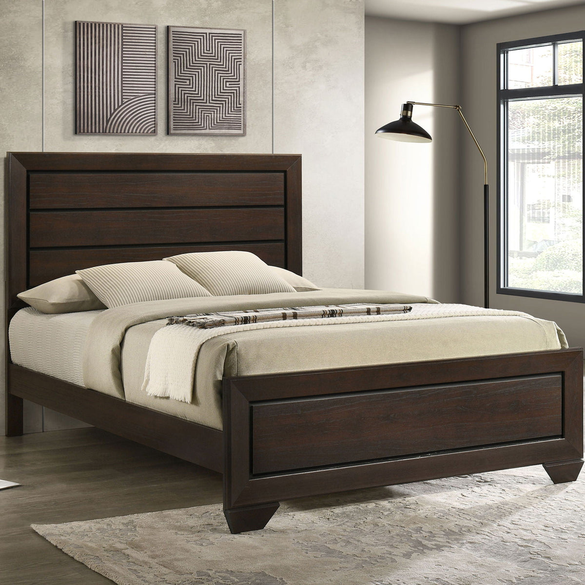 Queen Panel Bed with Structured Panels - Dark Brown