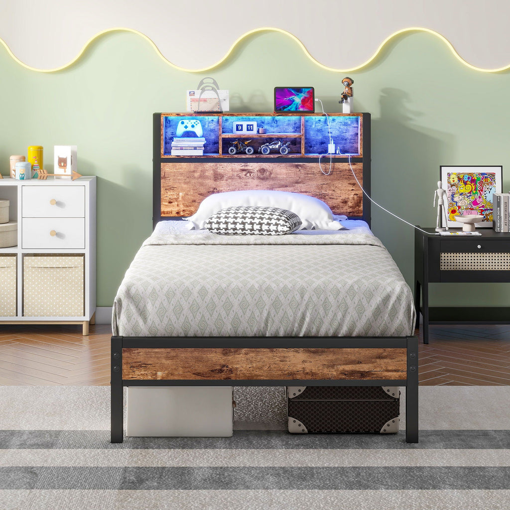 Modern Twin Size Metal Platform Bed Frame with Storage Headboard & Charging Station - Brown