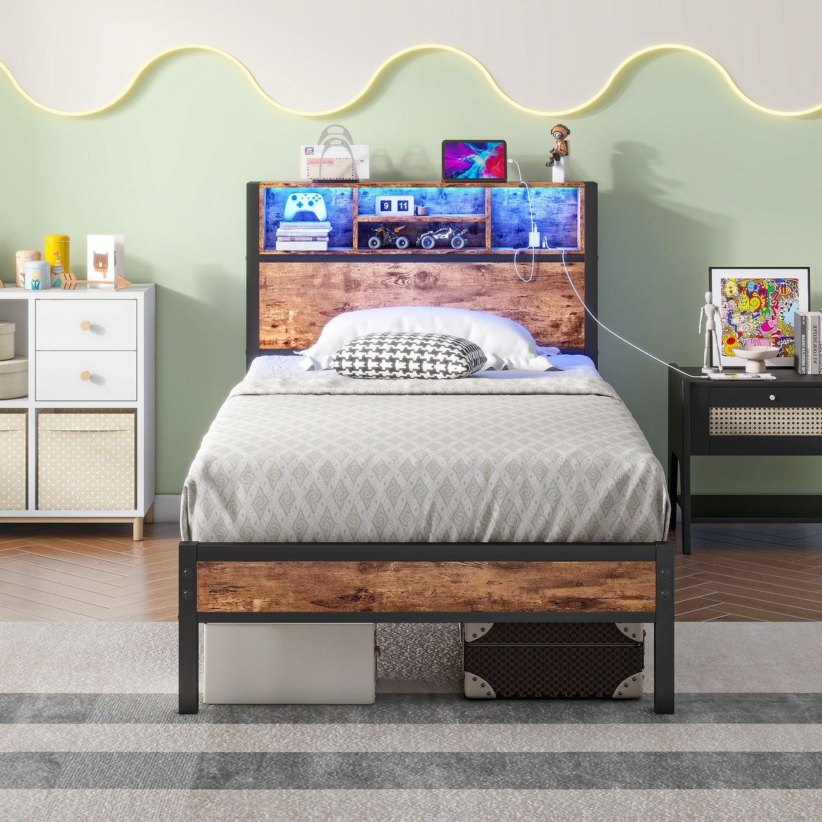 Modern Twin Size Metal Platform Bed Frame with Storage Headboard & Charging Station - Brown