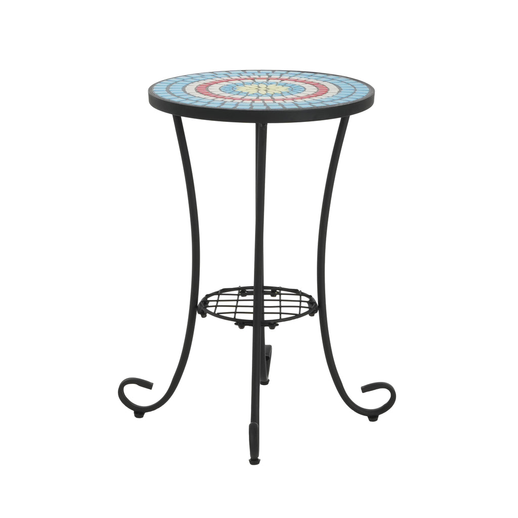 Patio Side Table with Shelf, Ceramic Top - Blue and Black