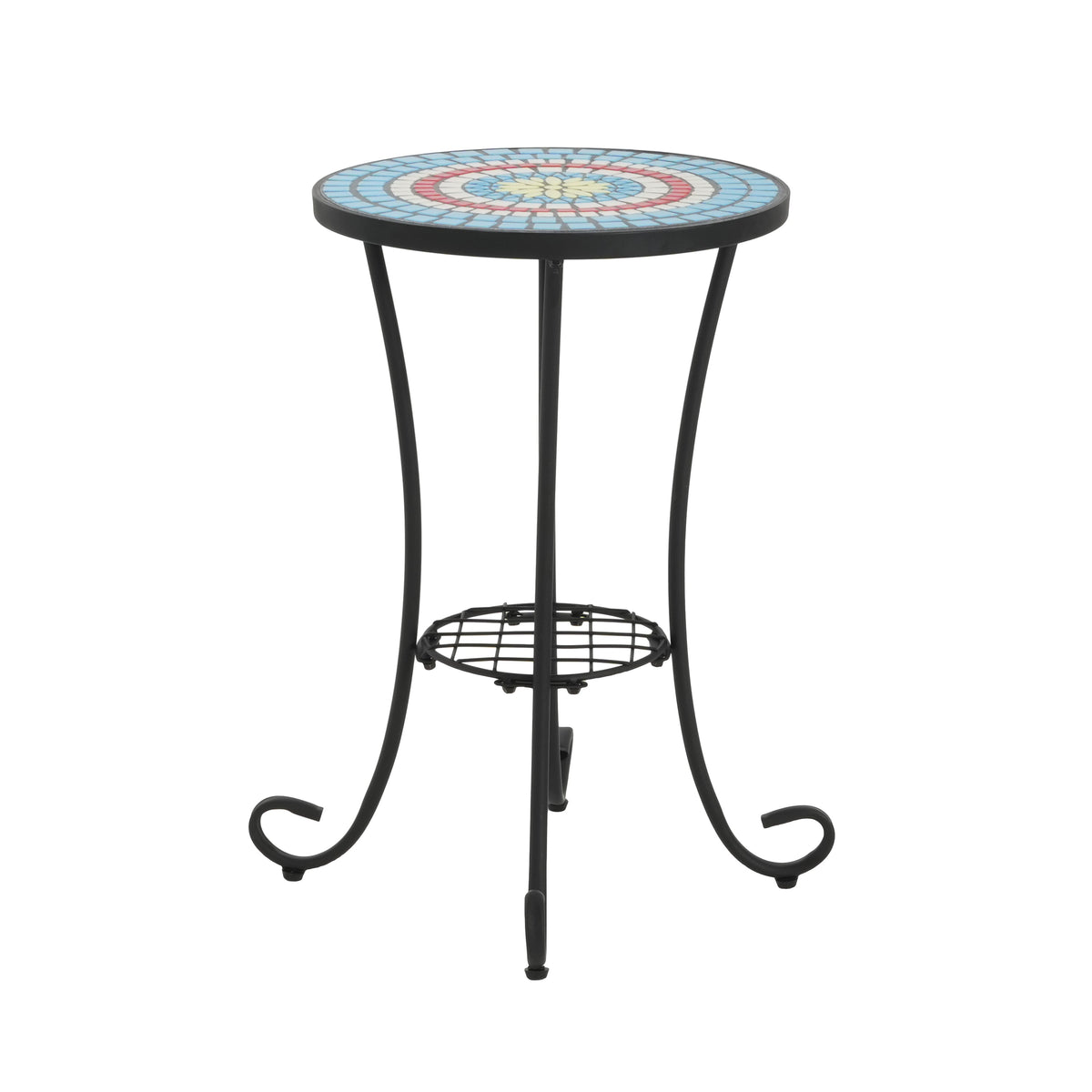 Patio Side Table with Shelf, Ceramic Top - Blue and Black