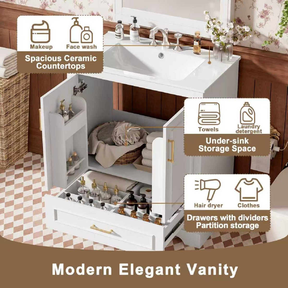 Bathroom Vanity with Sink and Soft Close Doors - White, Black, Green, or Gray