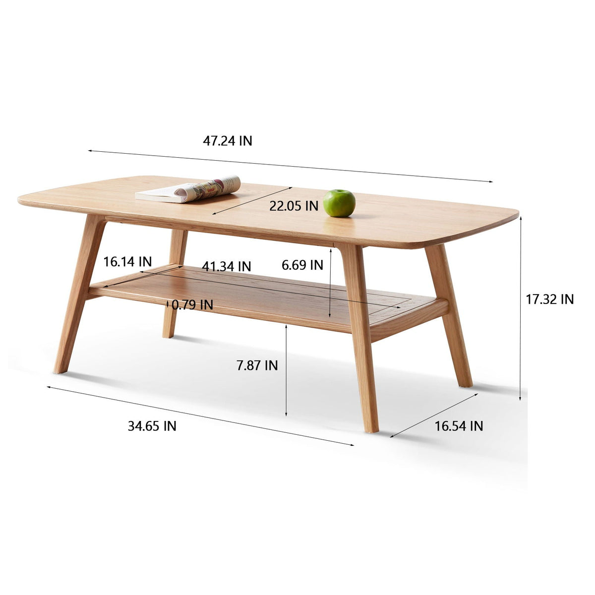 Low Coffee Table with Storage Shelf - Solid Oak - Light or Dark Brown