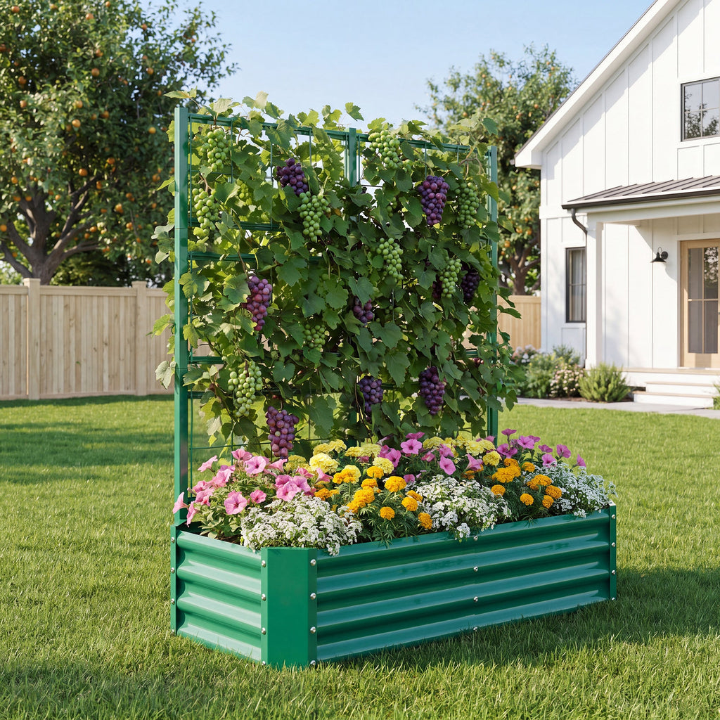 Galvanized Raised Garden Bed with Arch Trellis – Green
