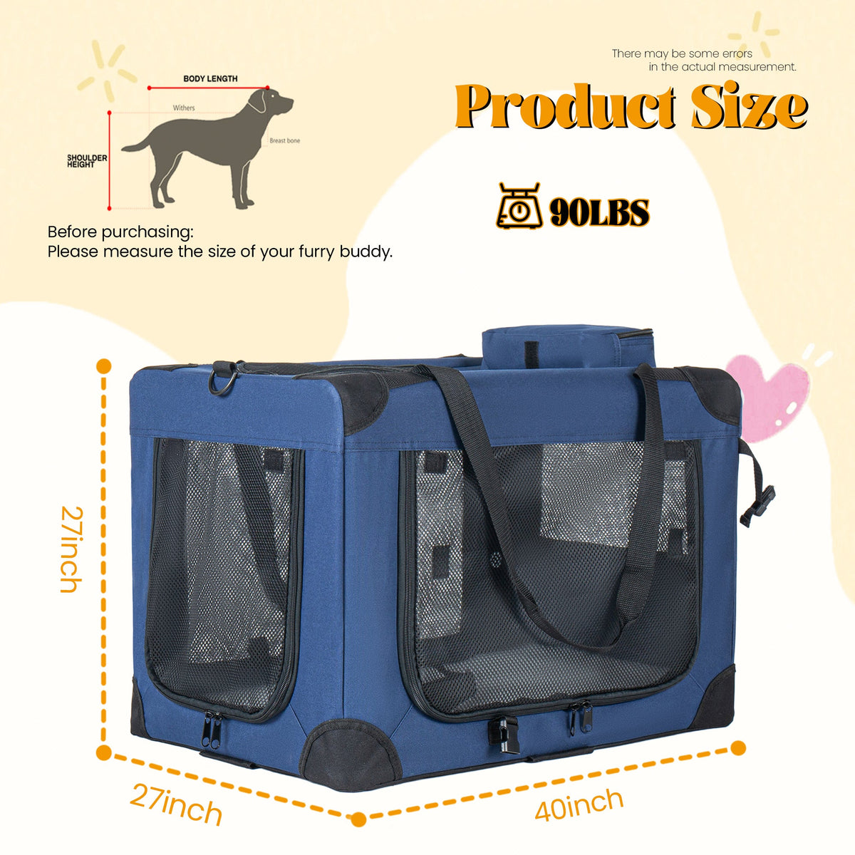 40" Soft Dog Crate with Fleece Mat - 3 Mesh Doors - Dark Blue