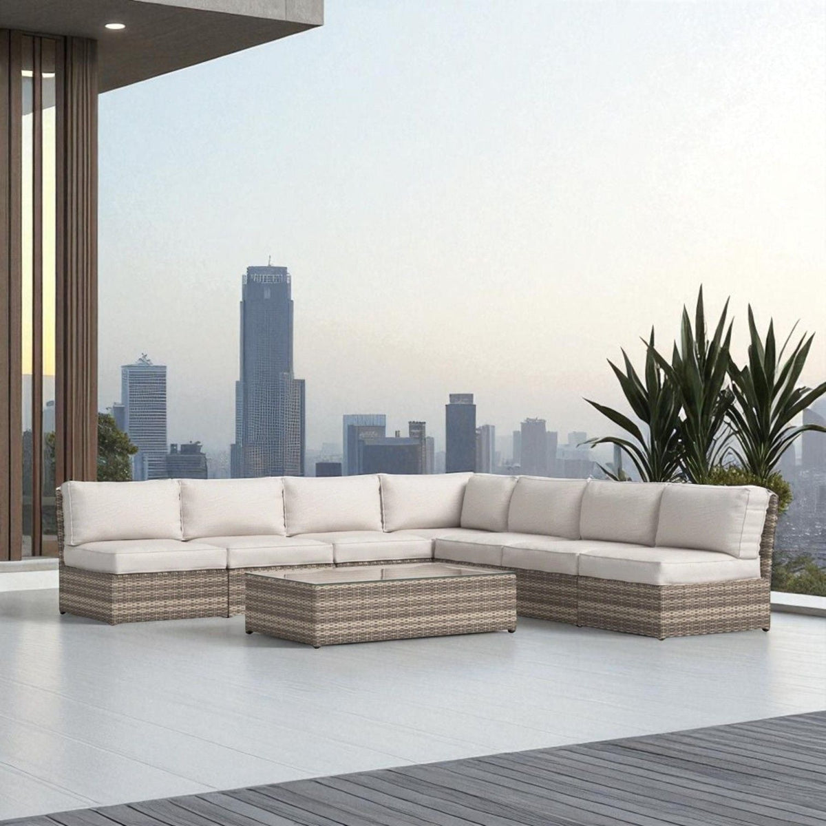 Modern Patio Rattan Sectional Set with Cushions - Multiple Colors