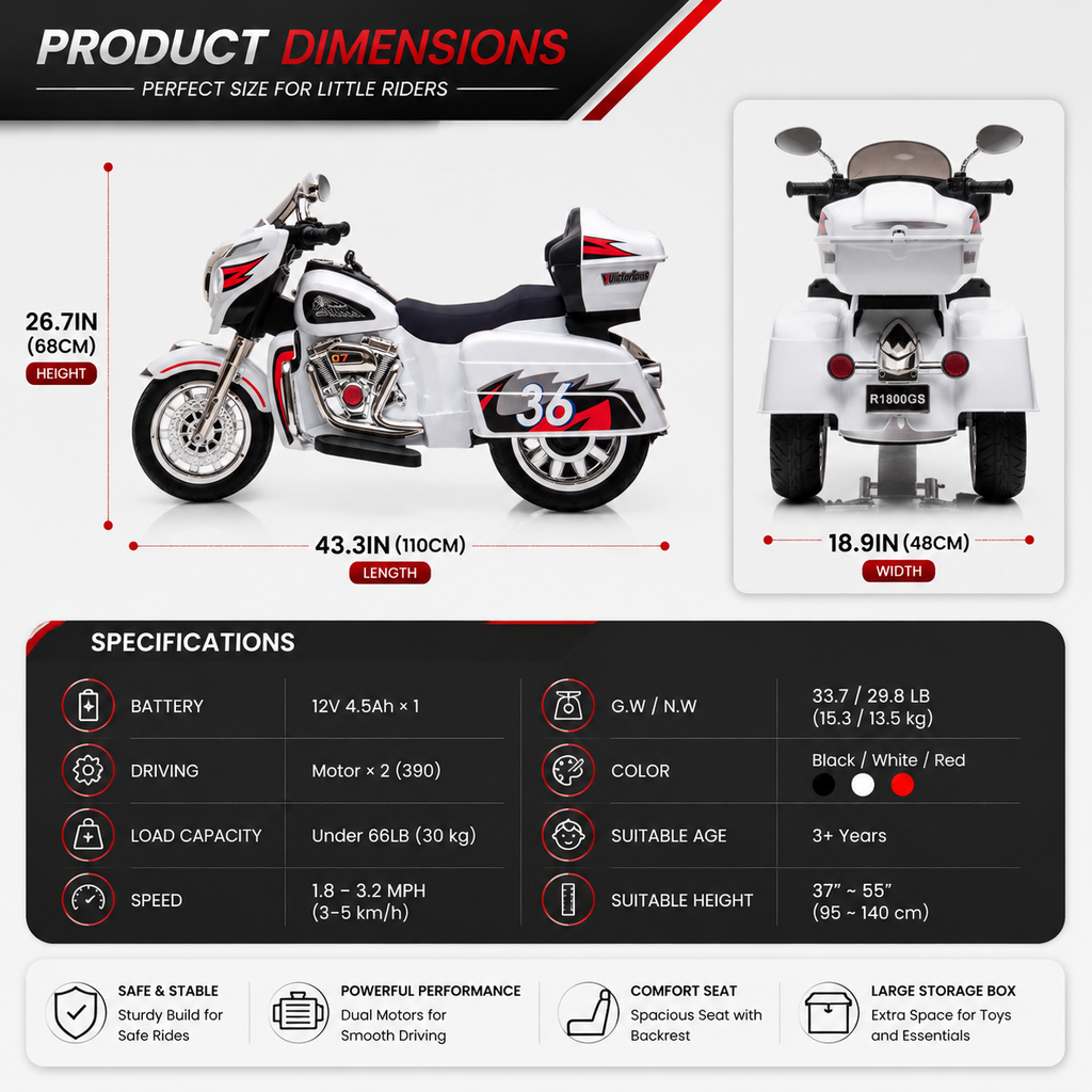 12V Kids Ride-On Motorcycle with LED Lights & Music - White or Black