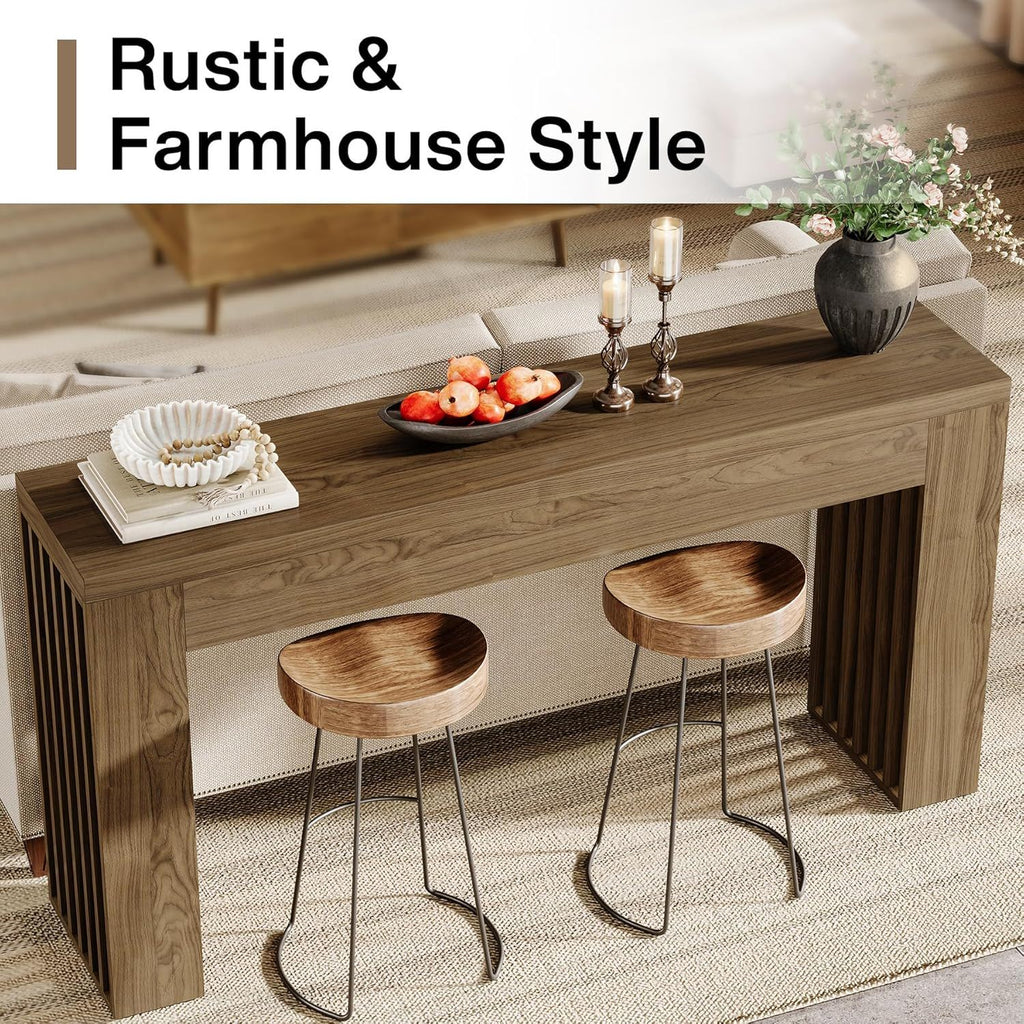 Rustic Brown Console Table with Vertical Slat Legs - Solid Wood & MDF