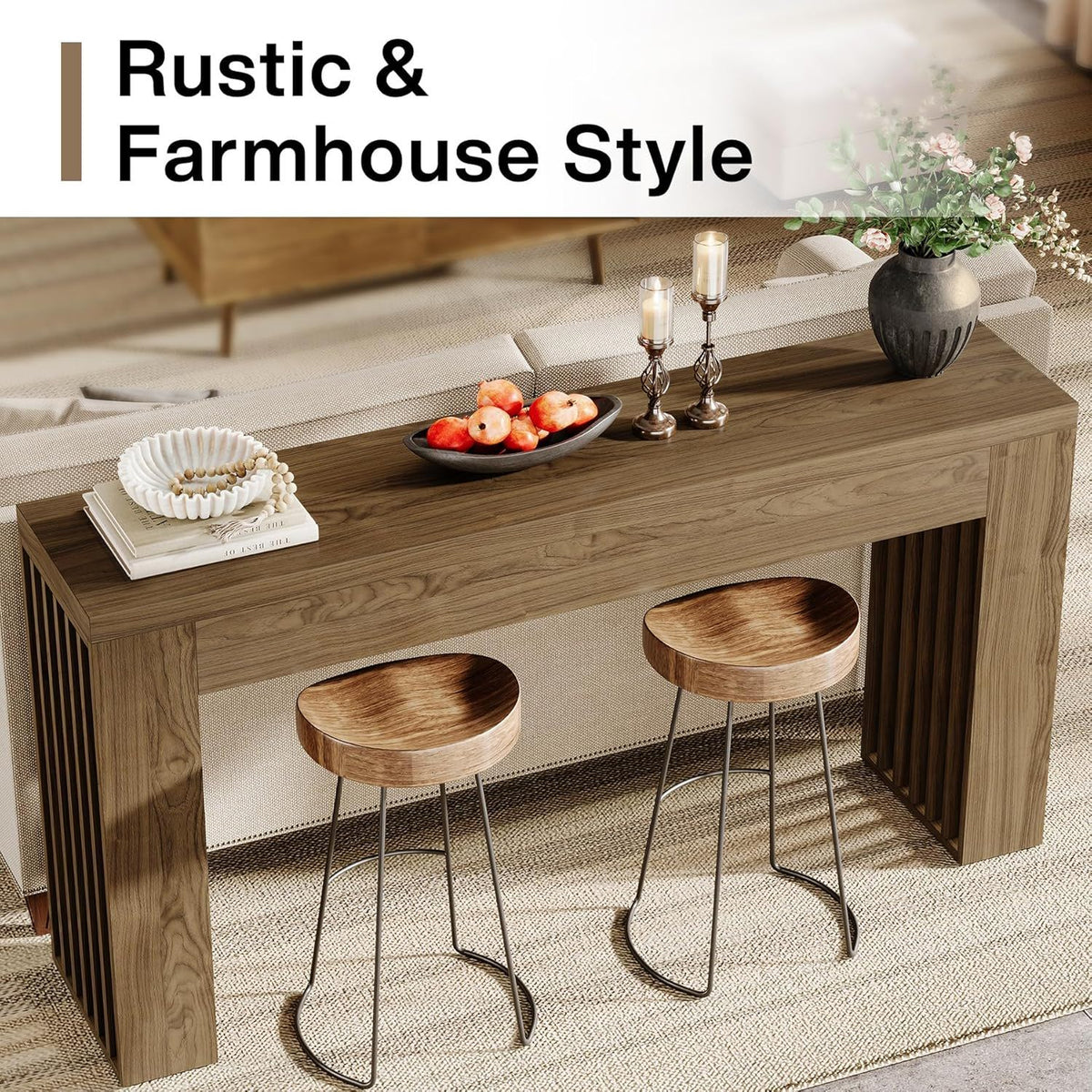 Rustic Brown Console Table with Vertical Slat Legs - Solid Wood & MDF
