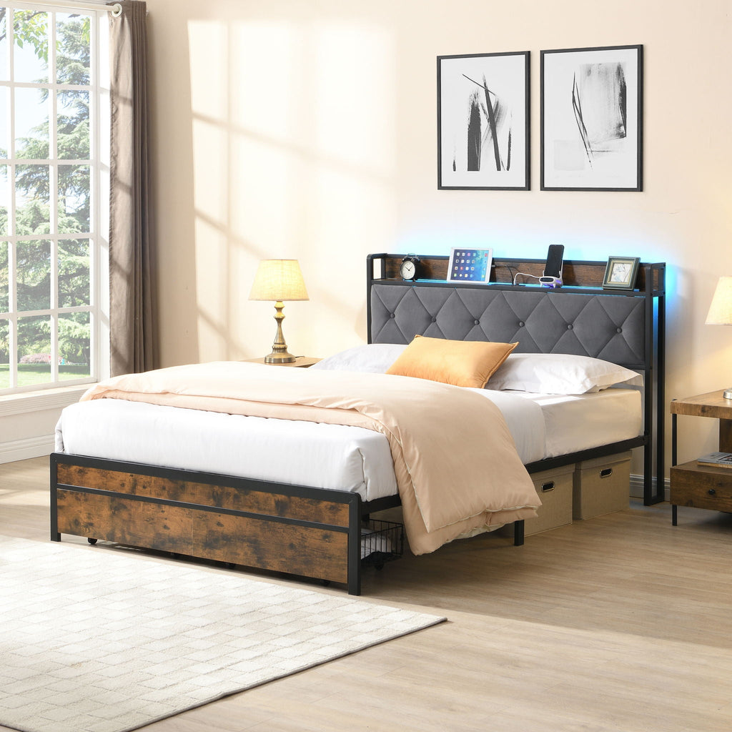 Modern Bed Frame with LED Lights and USB Charging - Light or Dark Brown