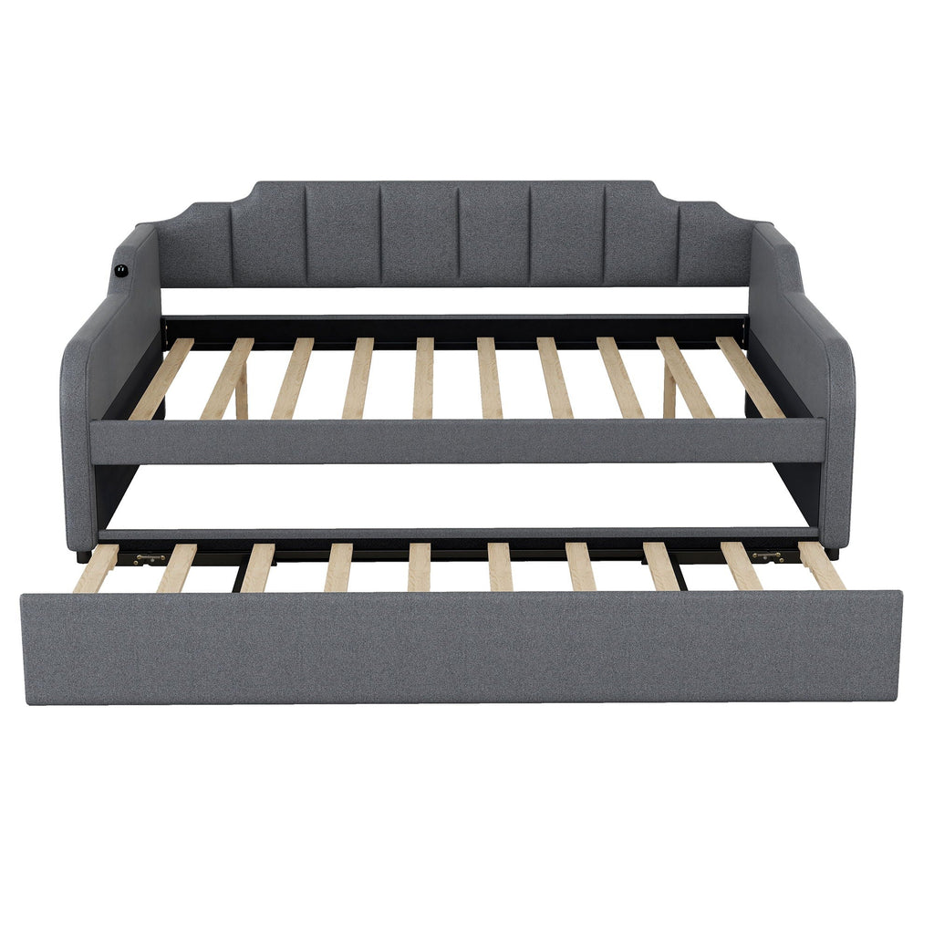 Full Size Upholstered Daybed with Trundle and USB Charging - Gray