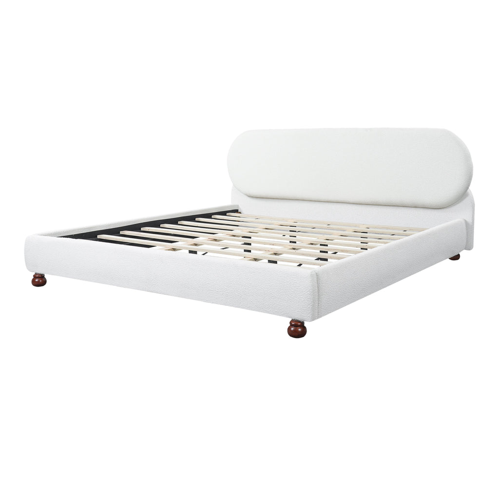 Cream Boucle Upholstered King Bed with Rubberwood Feet