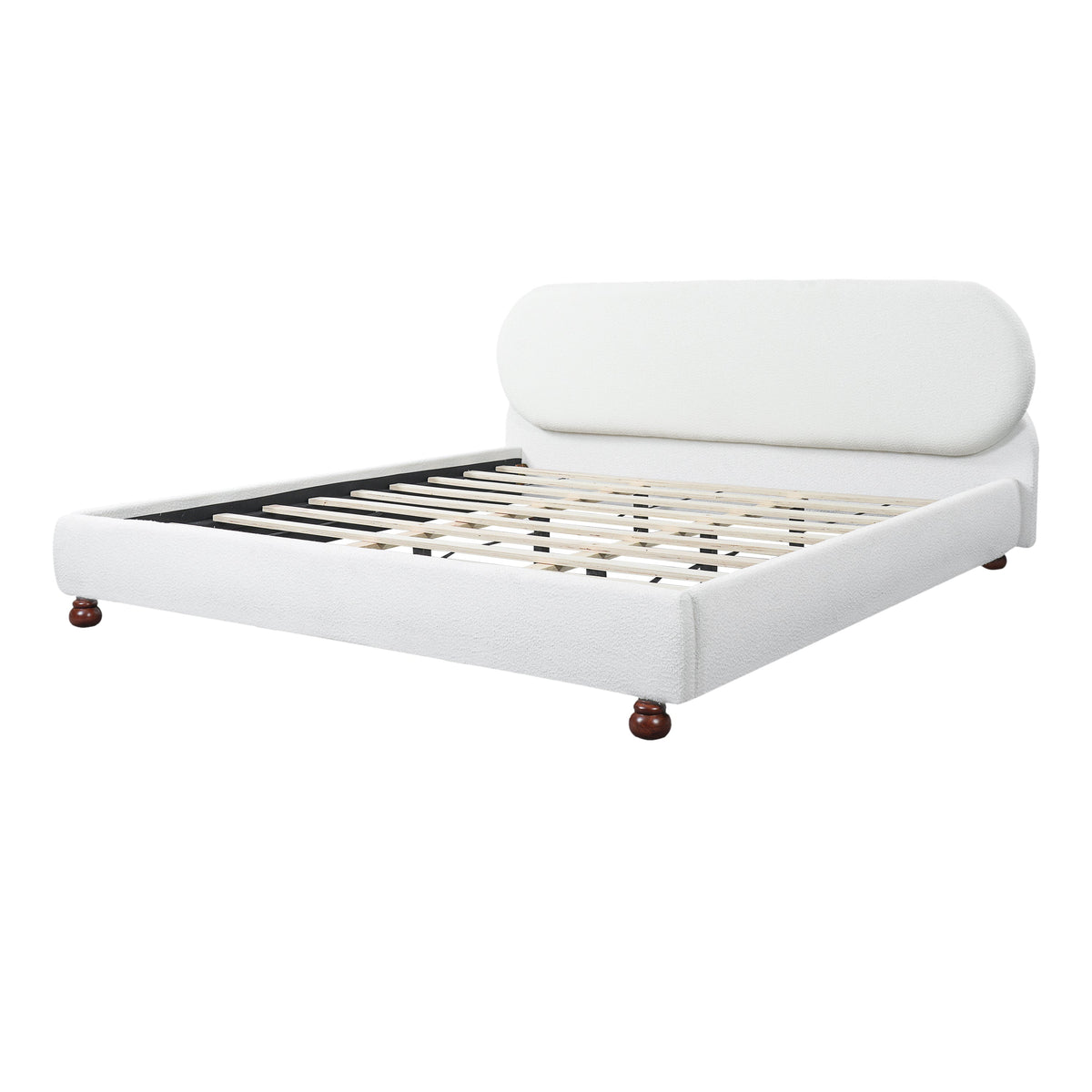 Cream Boucle Upholstered King Bed with Rubberwood Feet