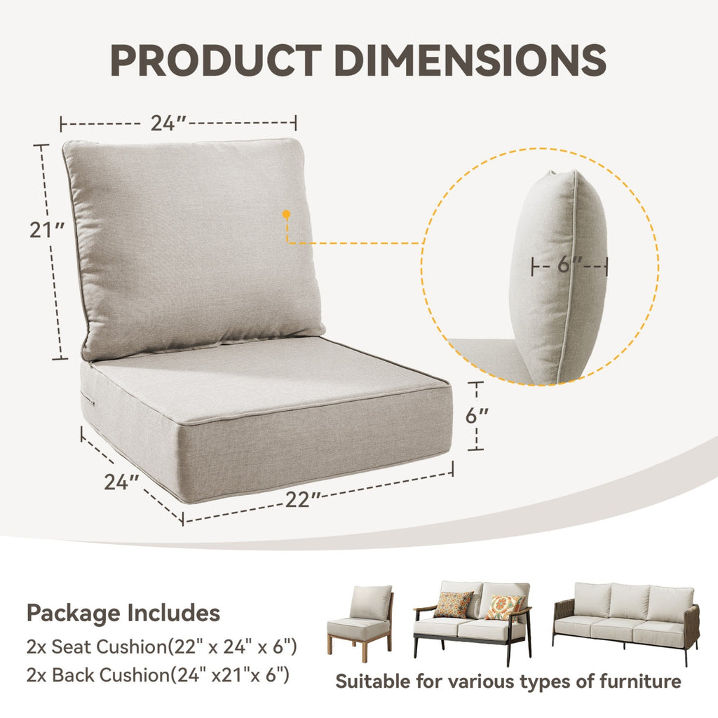 6" Thicker Outdoor Chair Cushion Set with Waterproof Olefin - Neutral