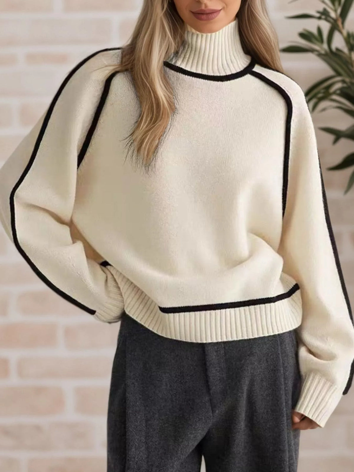 Contrast Trim Turtleneck Sweater