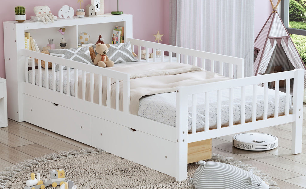 Twin Storage Bed with Headboard Rack & Under-Bed Drawers - Multiple Colors
