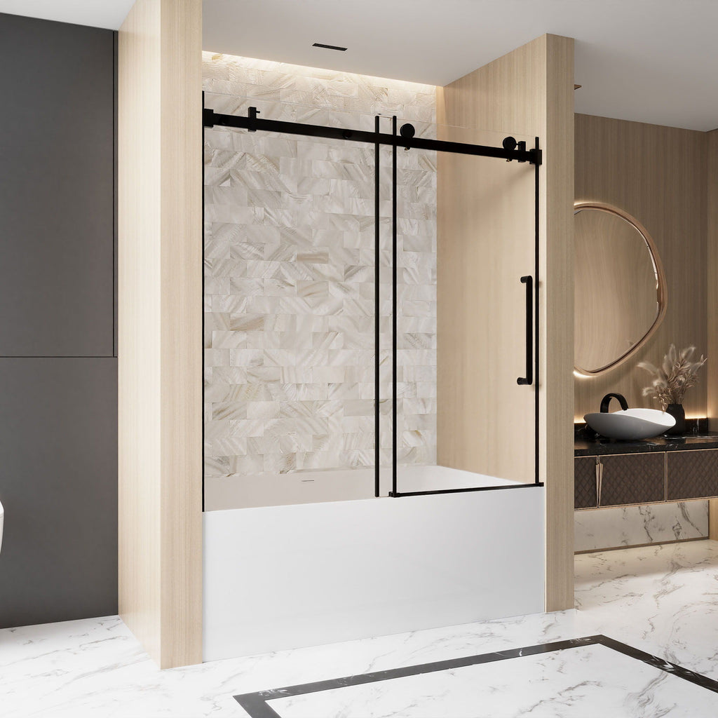 Frameless Single Sliding Shower Door with Square Tube Track - Black