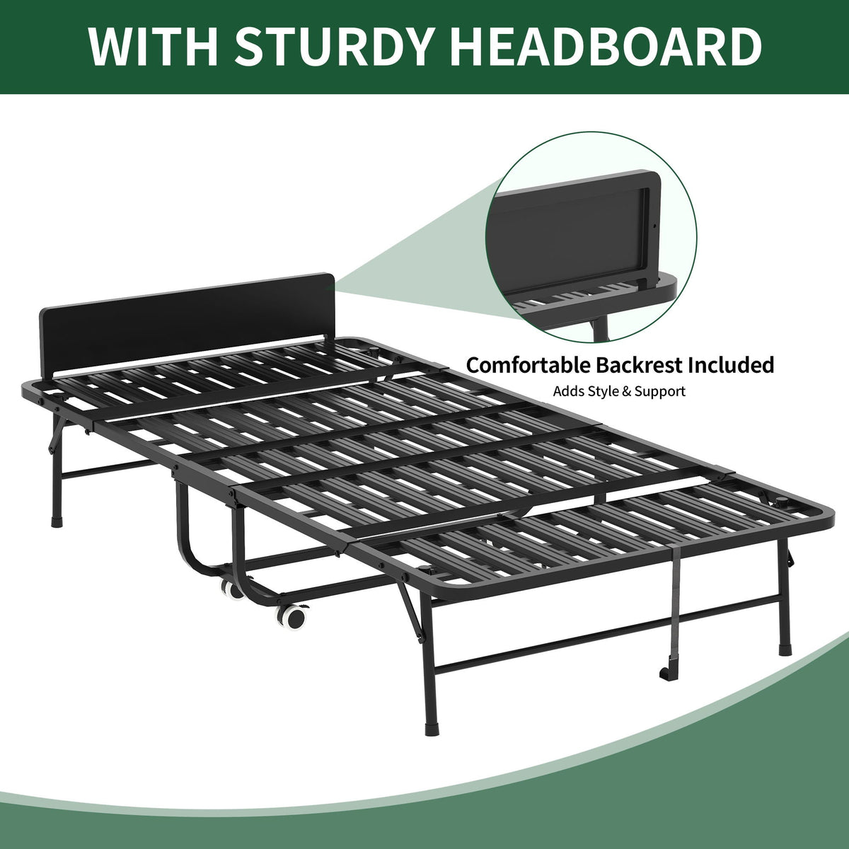 Twin Folding Bed with Adjustable Headboard – Memory Foam, Heavy-Duty Frame, Black