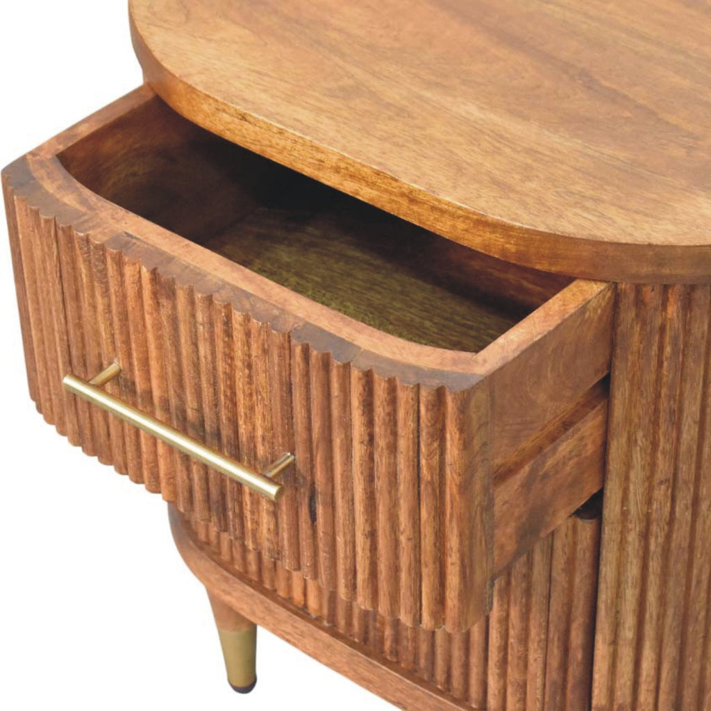 Solid Wood Ribbed Bedside Table with Ribbed Design - Amber Oak Finish