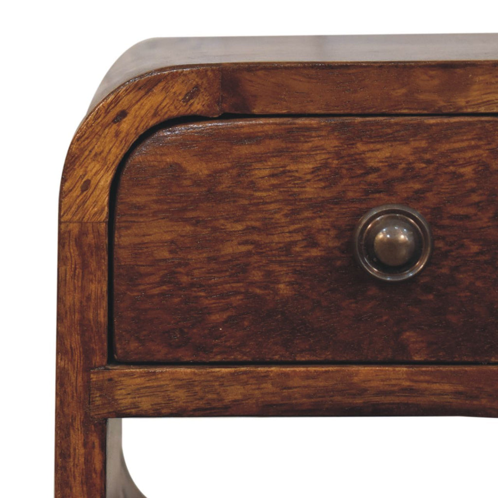 Solid Wood Extra Mini Nightstand with Curved Lower Shelf - Chestnut