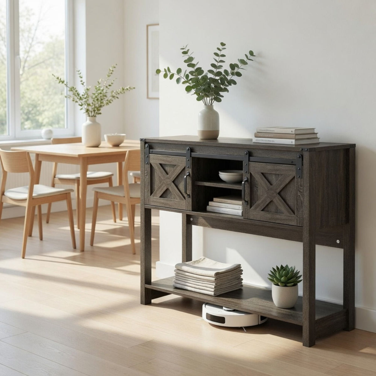 Farmhouse Entryway Table with Sliding Barn Door - Gray, Dark Gray, White, Black