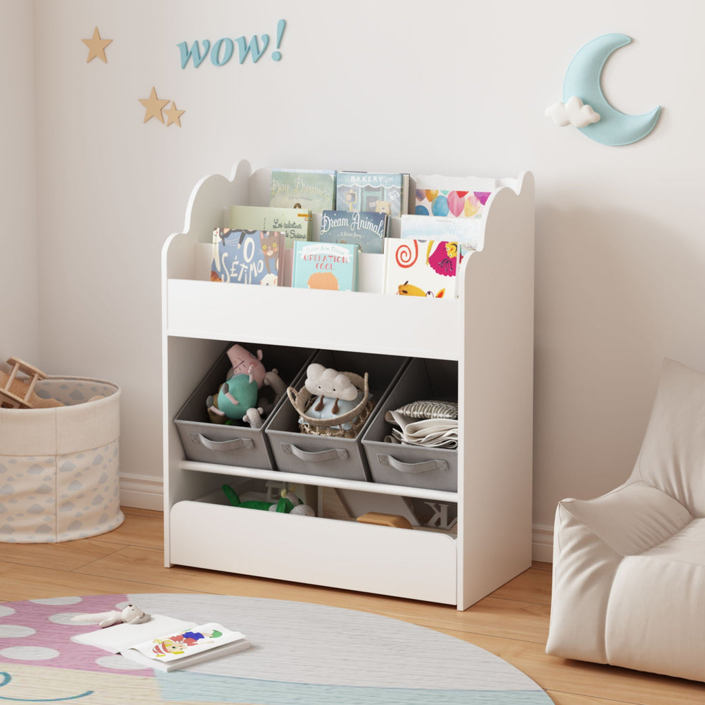 Bookshelf With Storage Bins and Drawer – Multi Functional Book Organizer for Toddlers - White