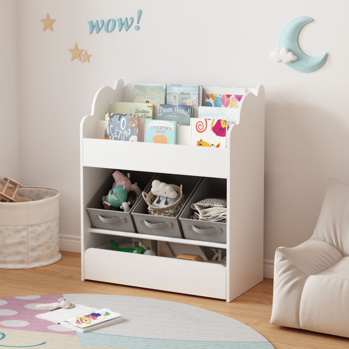 Bookshelf With Storage Bins and Drawer – Multi Functional Book Organizer for Toddlers - White