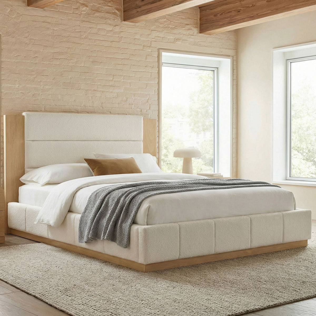 Modern Upholstered Platform Bed with Extended Headboard - Queen or King
