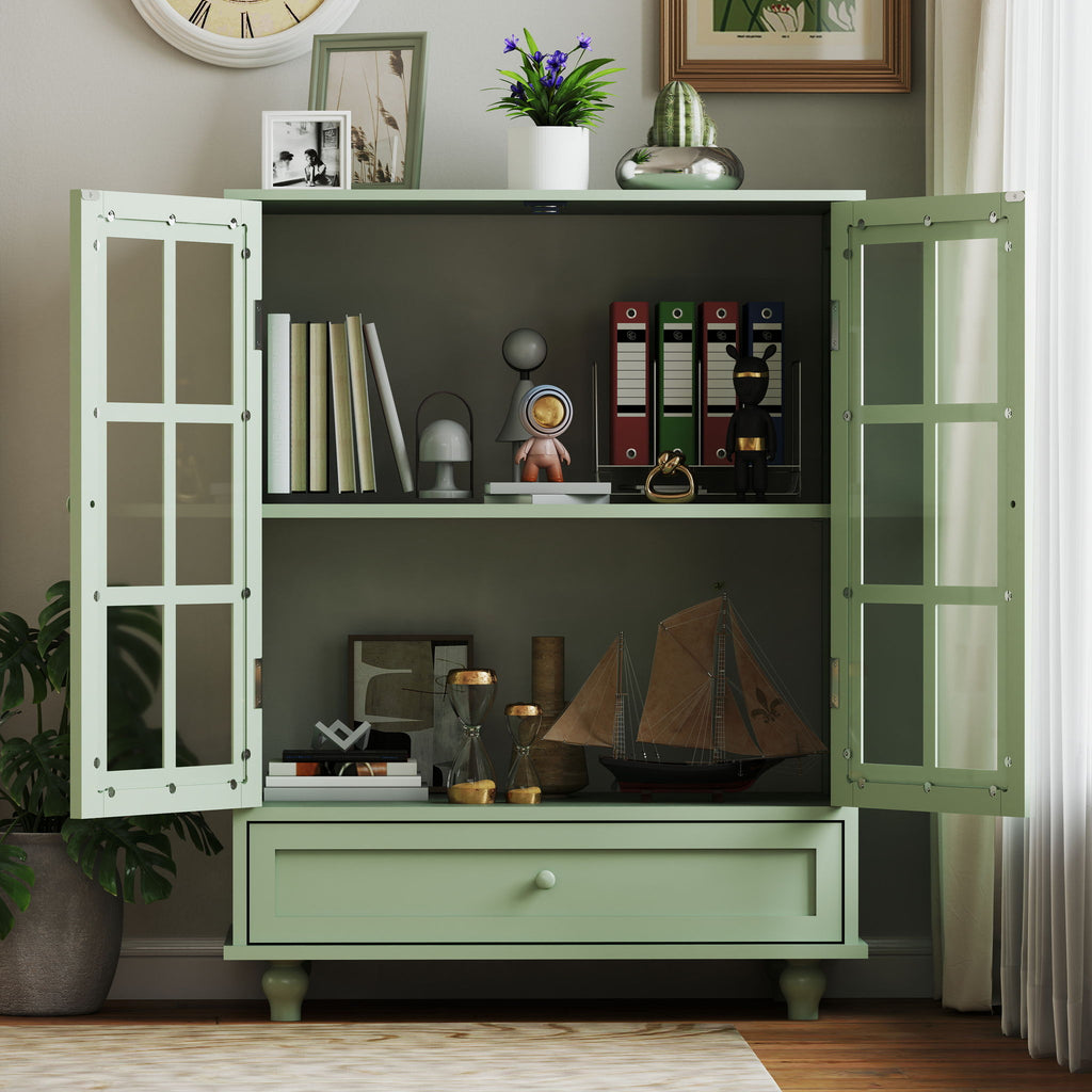 Minimalist Buffet Cabinet with Double Glass Doors and Drawer - White, Green, Black, Blue