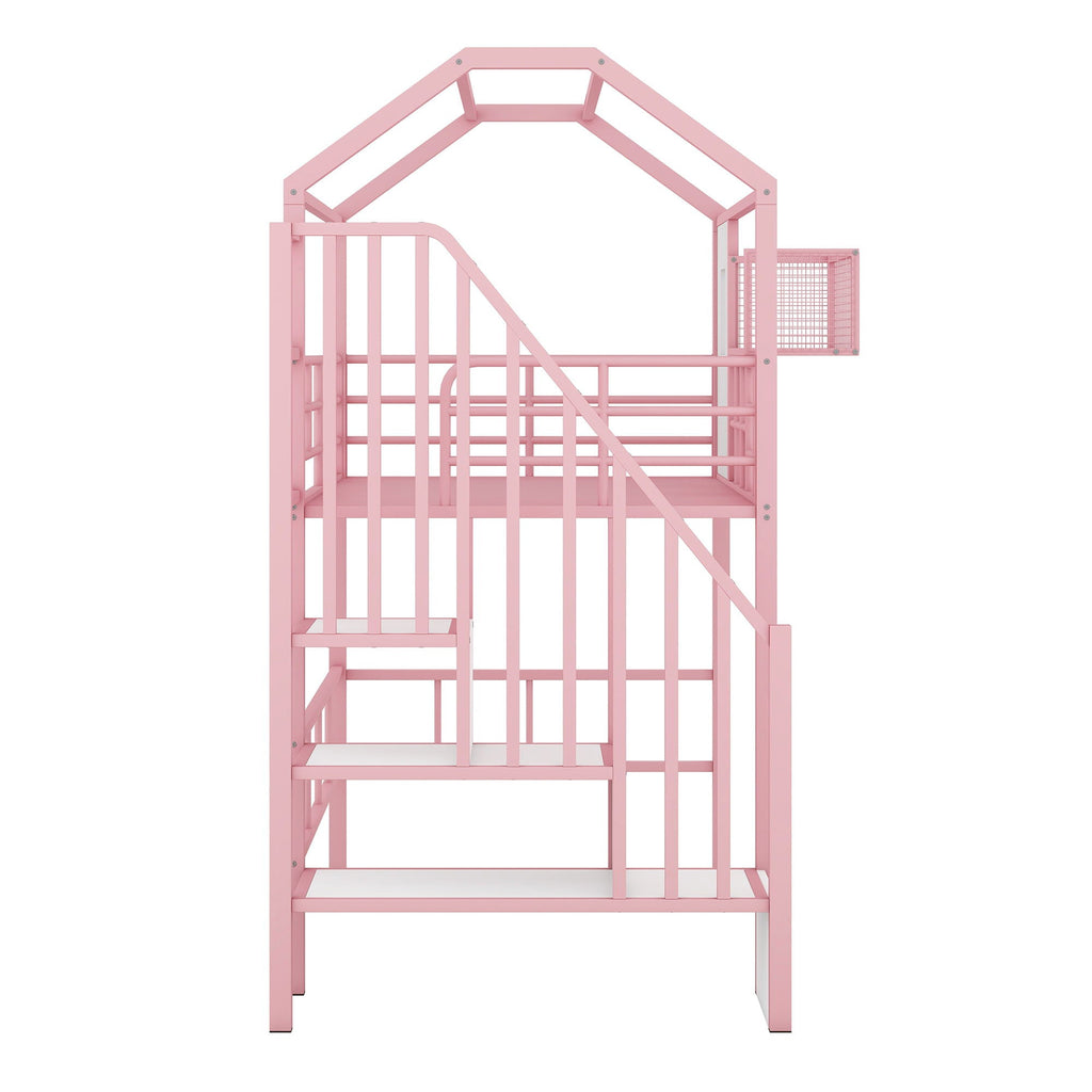 Metal Loft Bed With Roof Design and Storage Box with Guardrails and Integrated Ladder - Twin