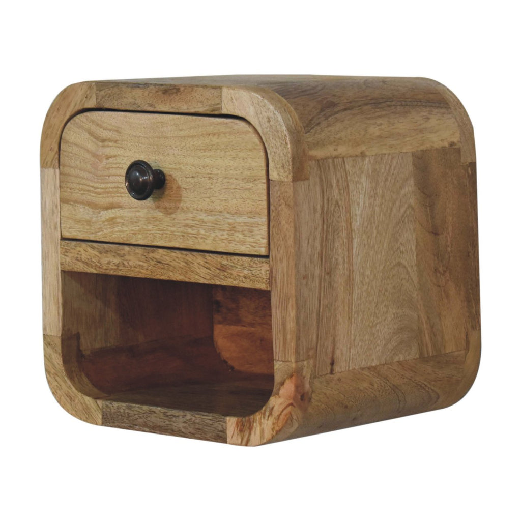 Extra Mini Curved Oak-ish Nightstand with Open Slot and Drawer - Solid Mango Wood