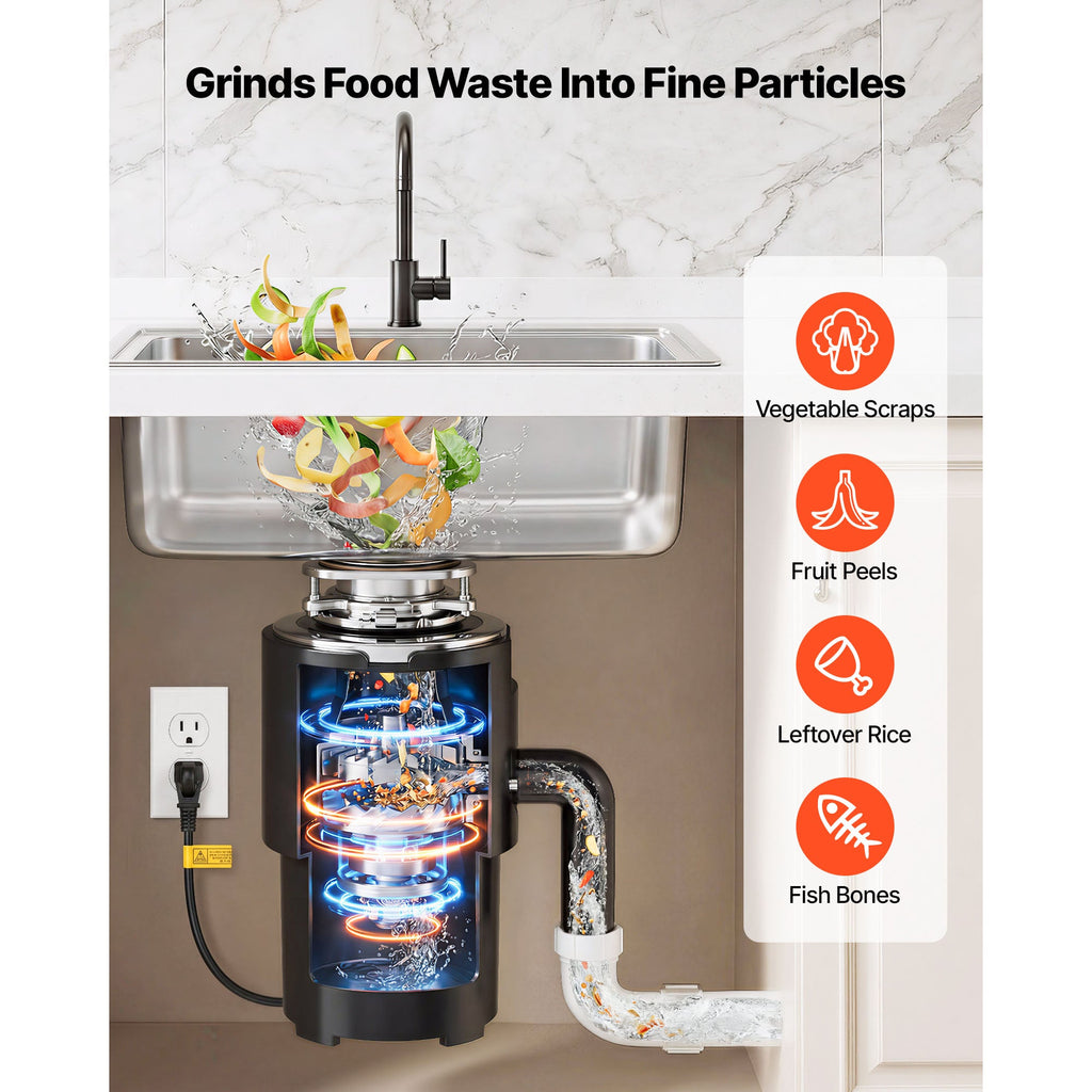 Food Waste Garbage Disposal with 3/4HP Motor and Continuous Feed - ABS