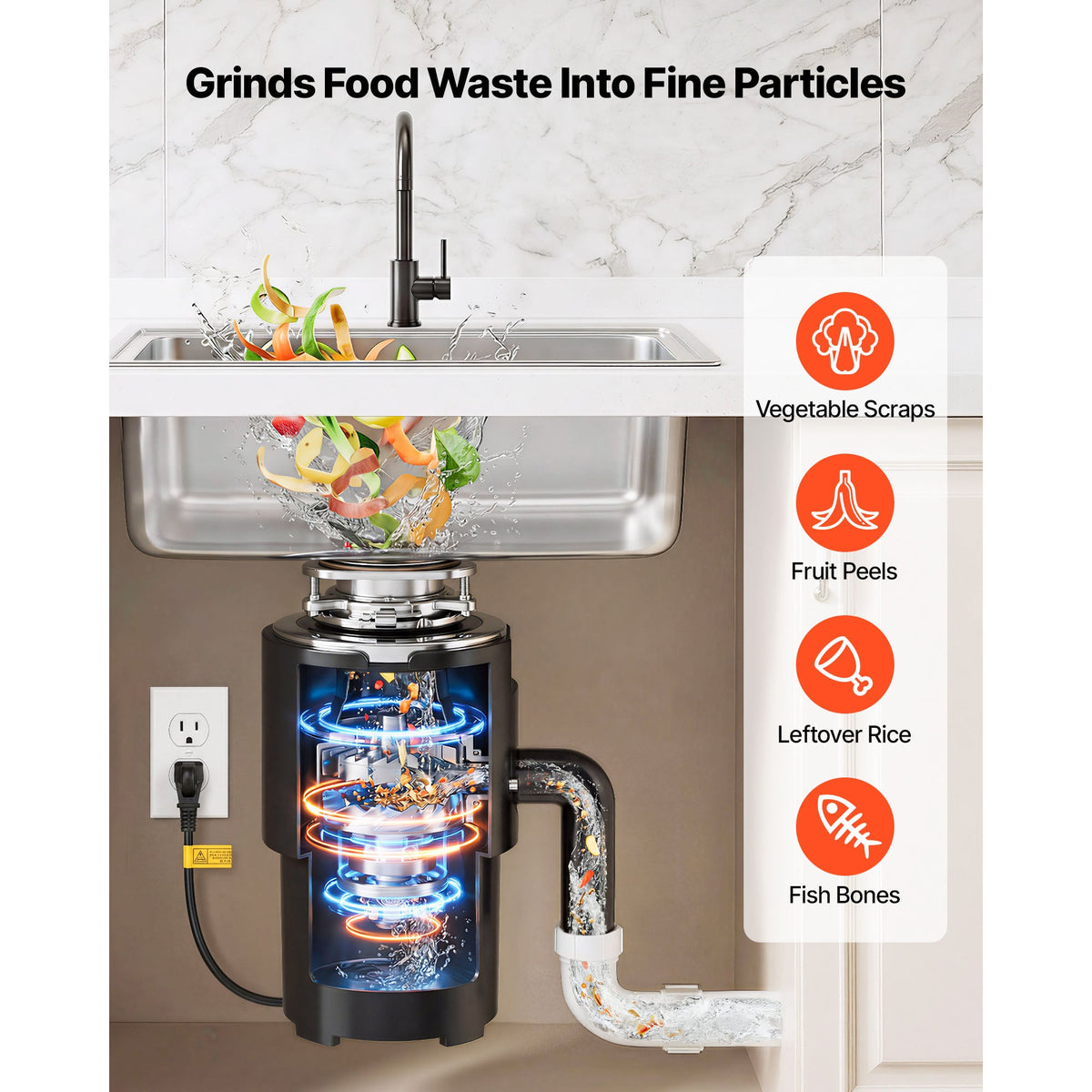 Food Waste Garbage Disposal with 3/4HP Motor and Continuous Feed - ABS