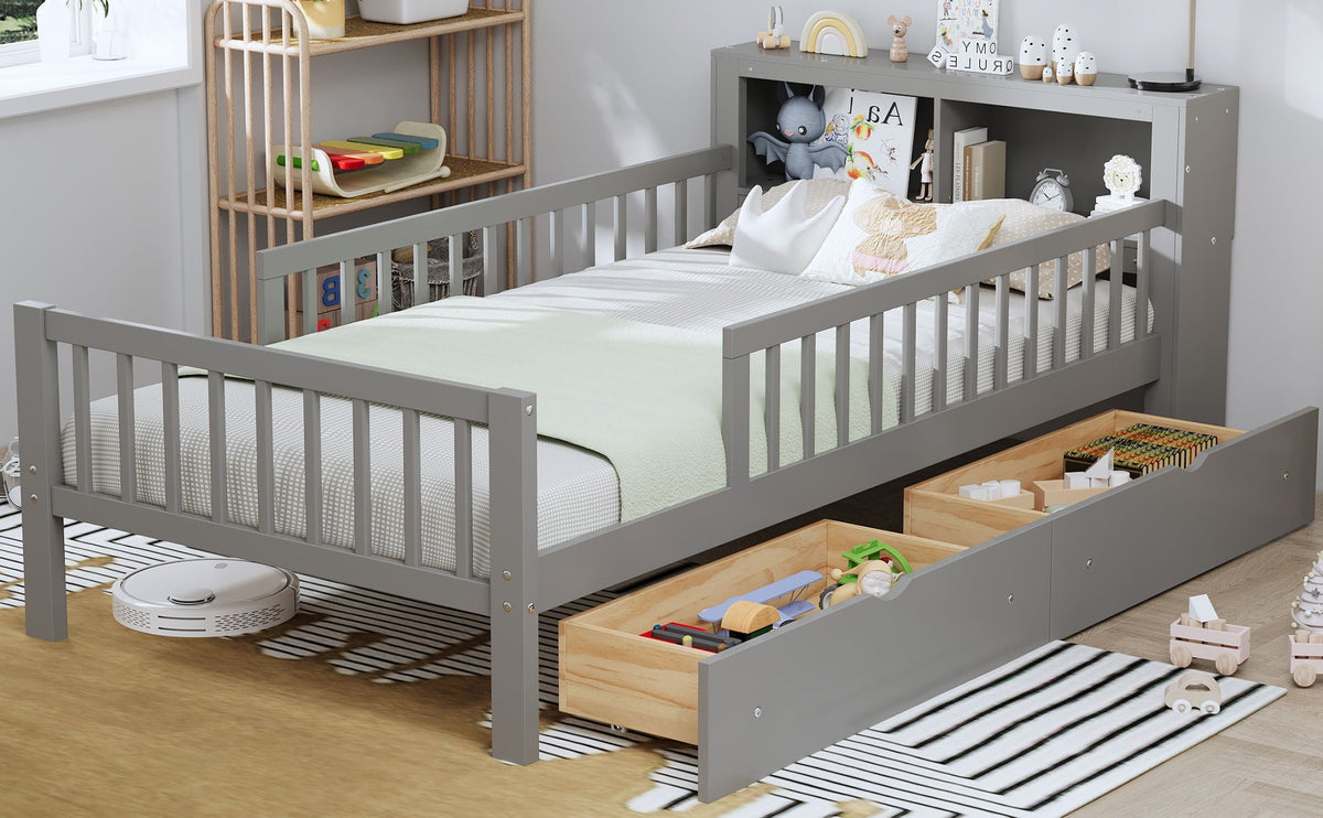 Twin Storage Bed with Headboard Rack & Under-Bed Drawers - Multiple Colors