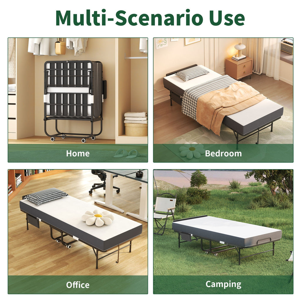 Twin Folding Bed with Adjustable Headboard & Memory Foam Mattress - Black