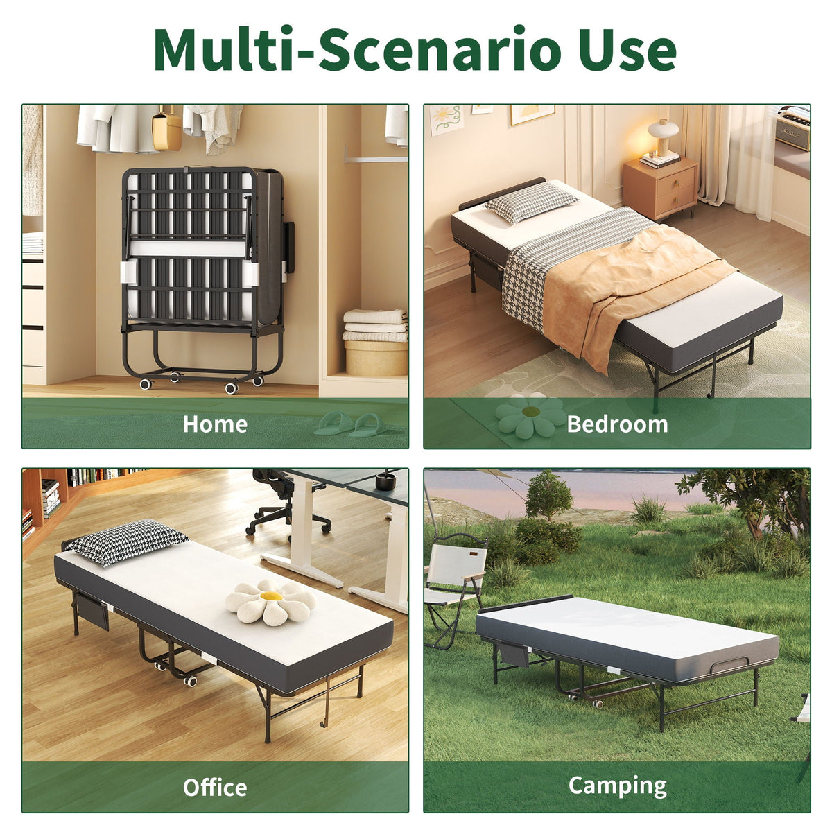 Twin Folding Bed with Adjustable Headboard & Memory Foam Mattress - Black