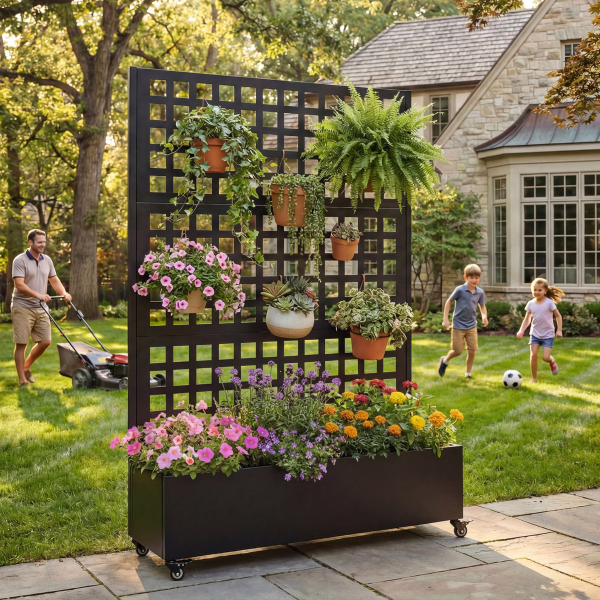 Metal Raised Garden Bed with Wheels and Trellis - Black