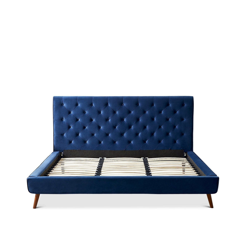 Mid-Century Platform Bed with Tufted Headboard - Blue