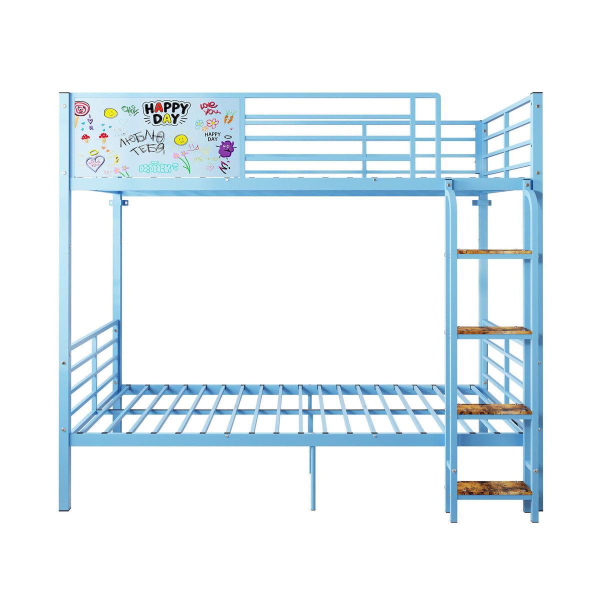 Blue Convertible Twin Bunk Bed with Guardrail and Ladder