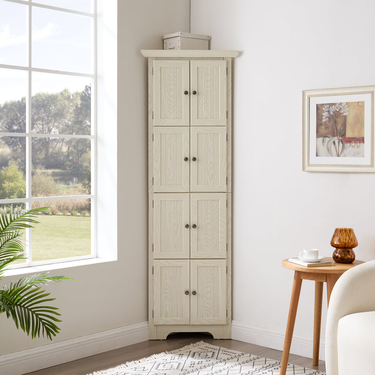 4-Tier Corner Kitchen Pantry Storage Cabinet with 8 Doors - Oak Finish