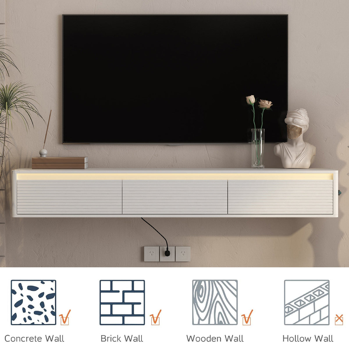 Floating TV Stand with LED Lights & Power Outlet - White or Black