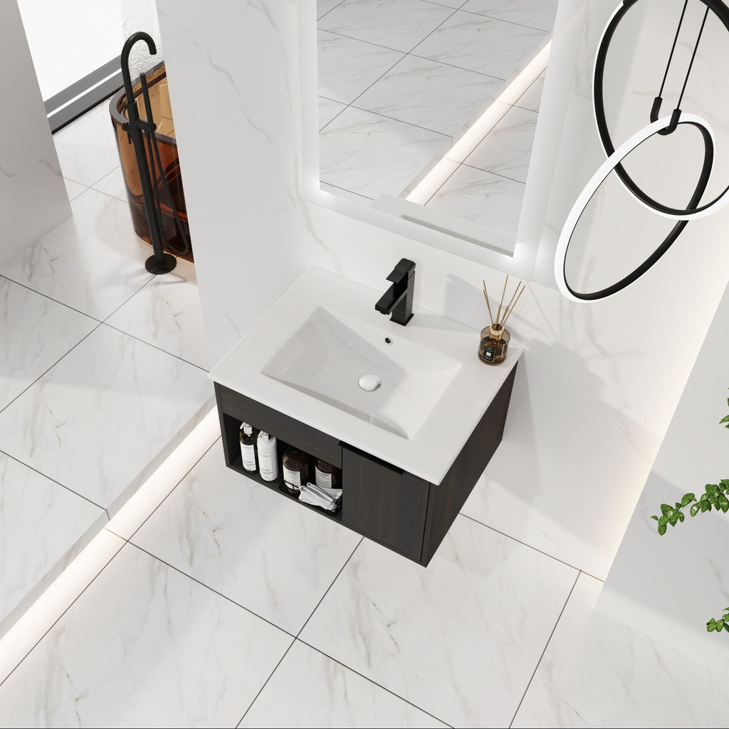 Wall Mounted Floating Bathroom Vanity with Open Shelf & Soft Close Door - Dark Brown