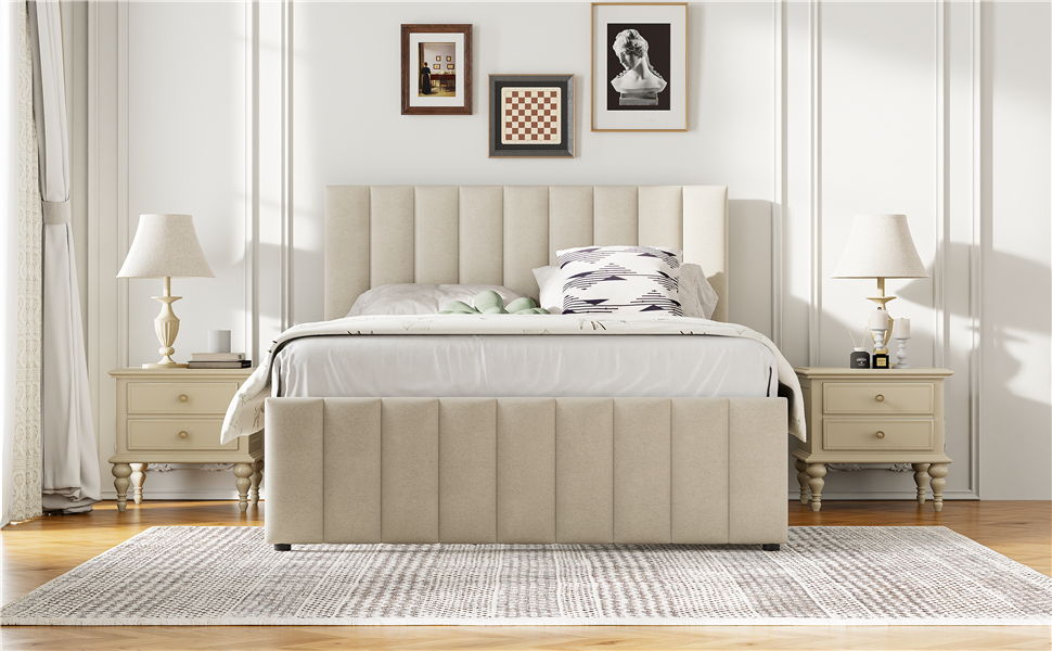 Upholstered Platform Bed with Twin Size Trundle and 3 Drawers - Beige, Full