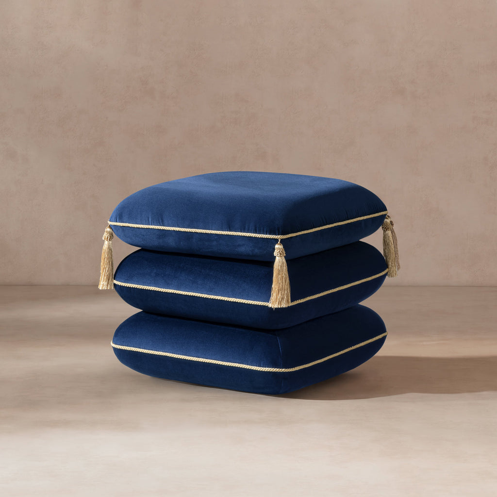 Squared Velvet Ottoman with Bullion Fringe - Green