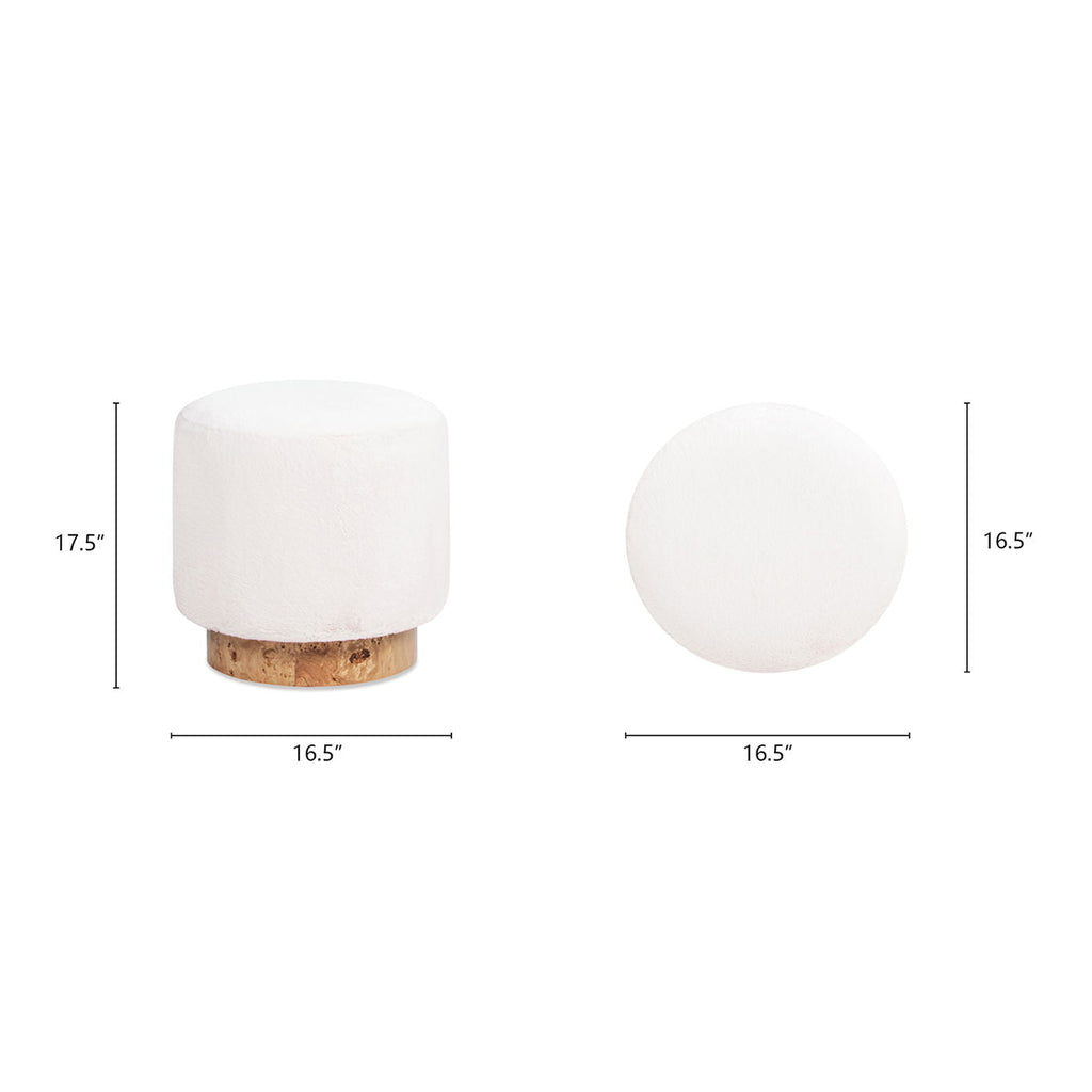 Round Fur Upholstered Pouf Ottoman with Burl Base - White
