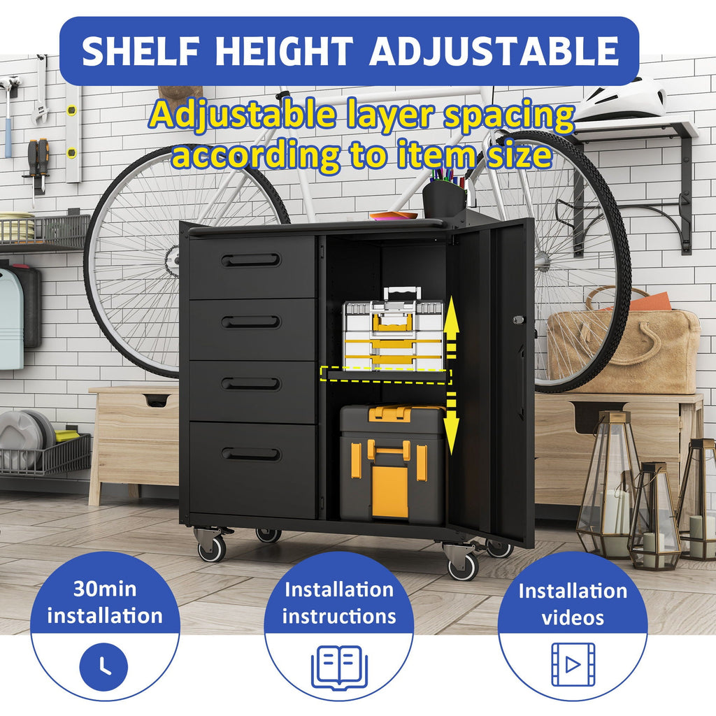 Sturdy Metal Tool Storage Cabinet with Lockable Wheels and Drawers - Gray or Black