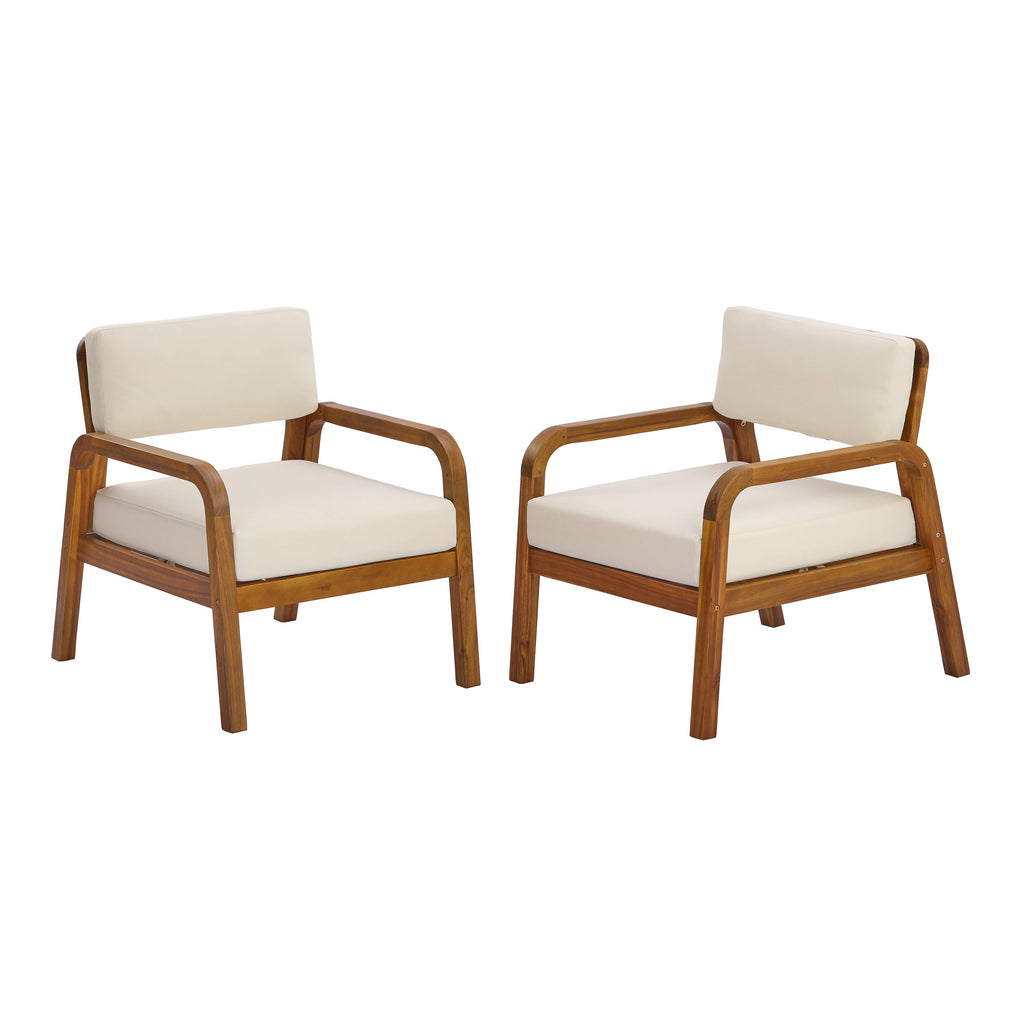 Outdoor Acacia Wood Armchair Set with Weather-Resistant Cushions - Light Teak