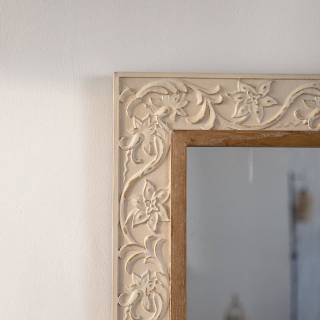 Vintage Carved Pattern Rectangular Wall Mirror with Ornate Frame - Natural