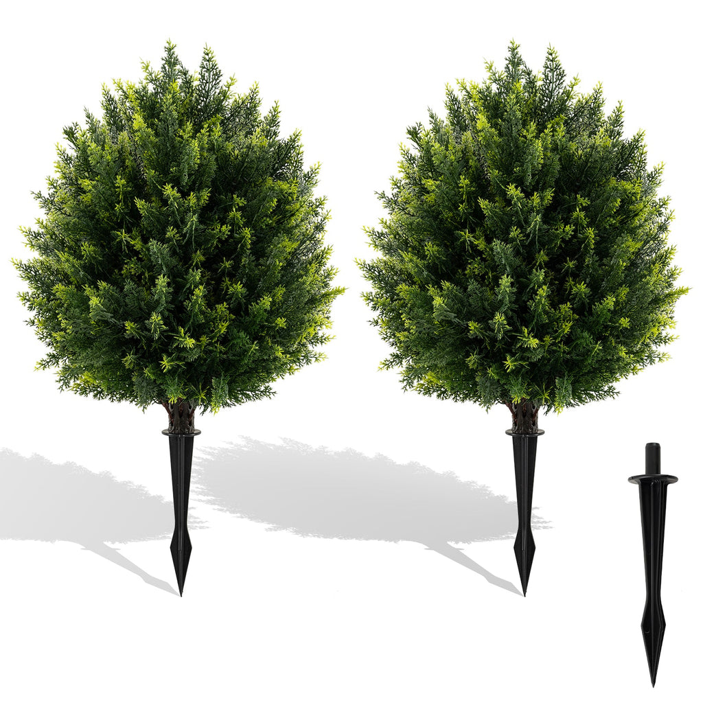 24 Inches Artificial Cypress Topiary Ball Tree Set with Ground Spike-Green